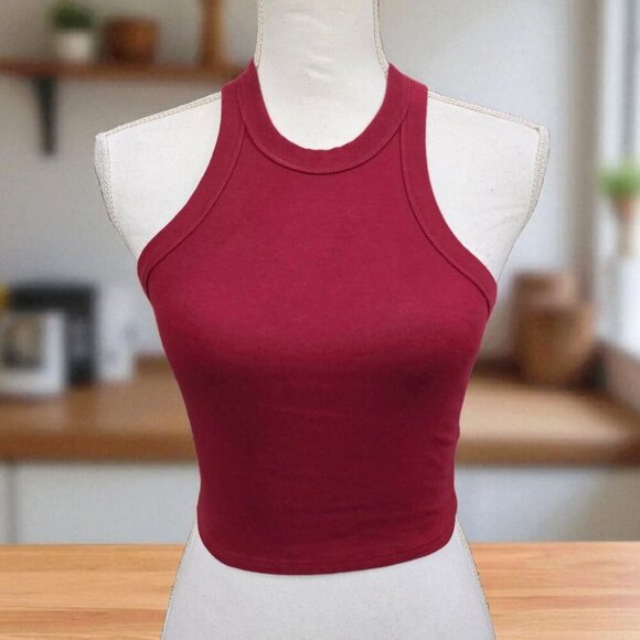 Garage ✦ Burgundy Ribbed Racerback Tank ✦ Cropped Fit Cotton Blend Size S EUC - Picture 2 of 9